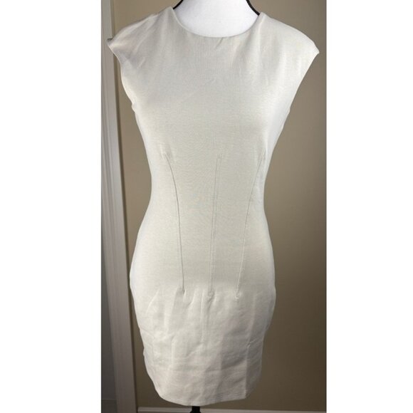 Zara Sheath Dress S Beige Sleeveless Tailored Cotton Blend Minimalist NWOT - Picture 2 of 13